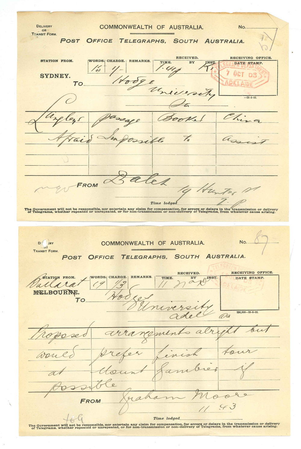 Graham P Moore - Melbourne - In regard to Time Table Exams