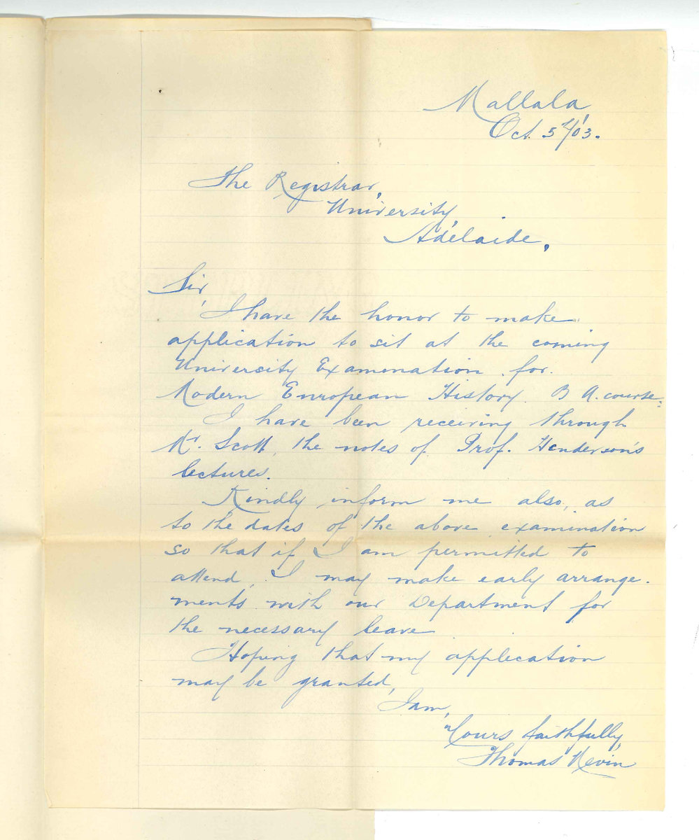 Thomas Nevin - Mallala - Asking for information re Exam B A