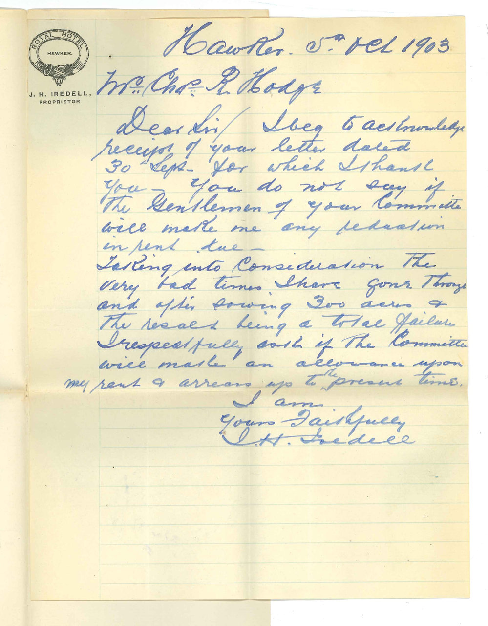 Joseph Hall Iredell - Hawker - Asking for an allowance on arrears of Rent