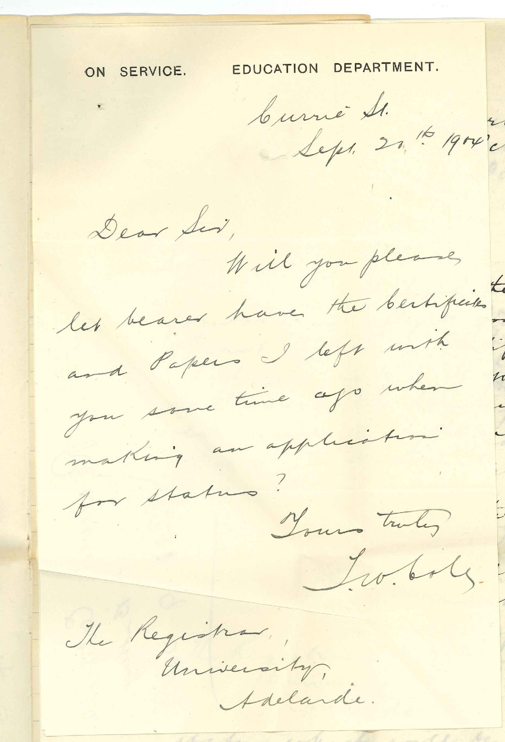 Thomas William Cole - Currie Street Public School - Asking to be admitted Ad eundem gradum