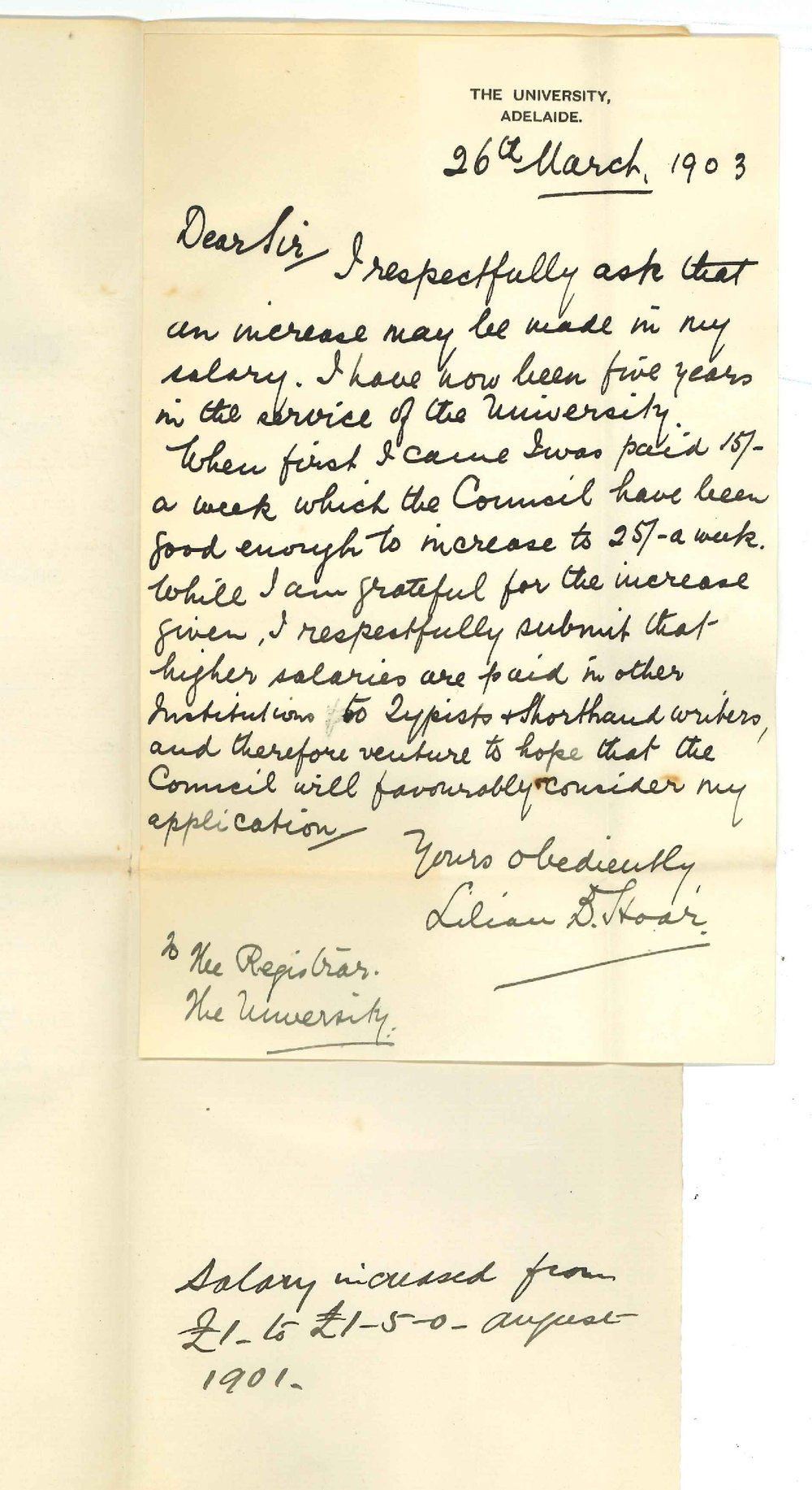 Miss Lilian B Hoar - The University - Asking for increase of salary