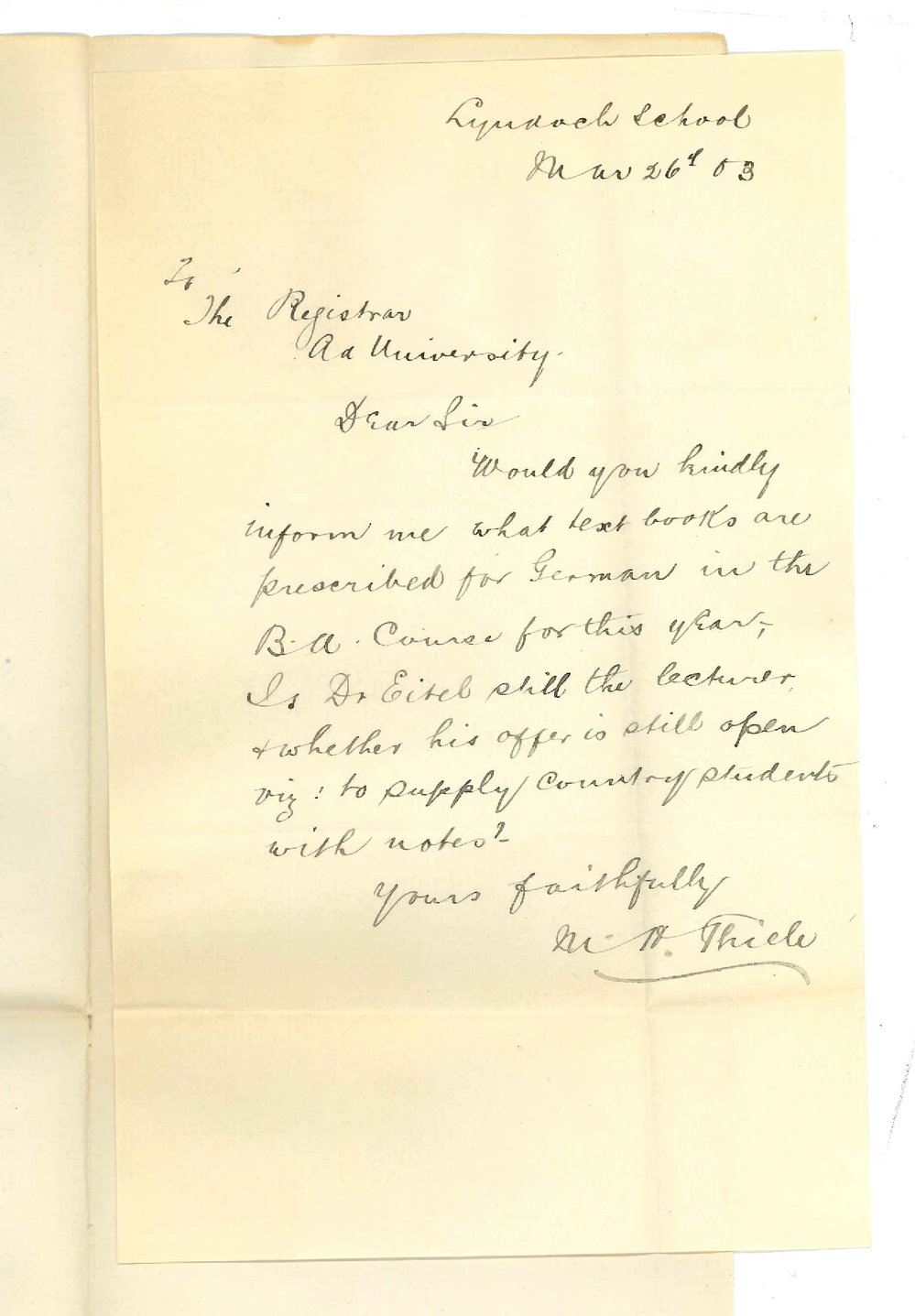 M H Thiele - Lyndoch School - Request particulars of German for B A course