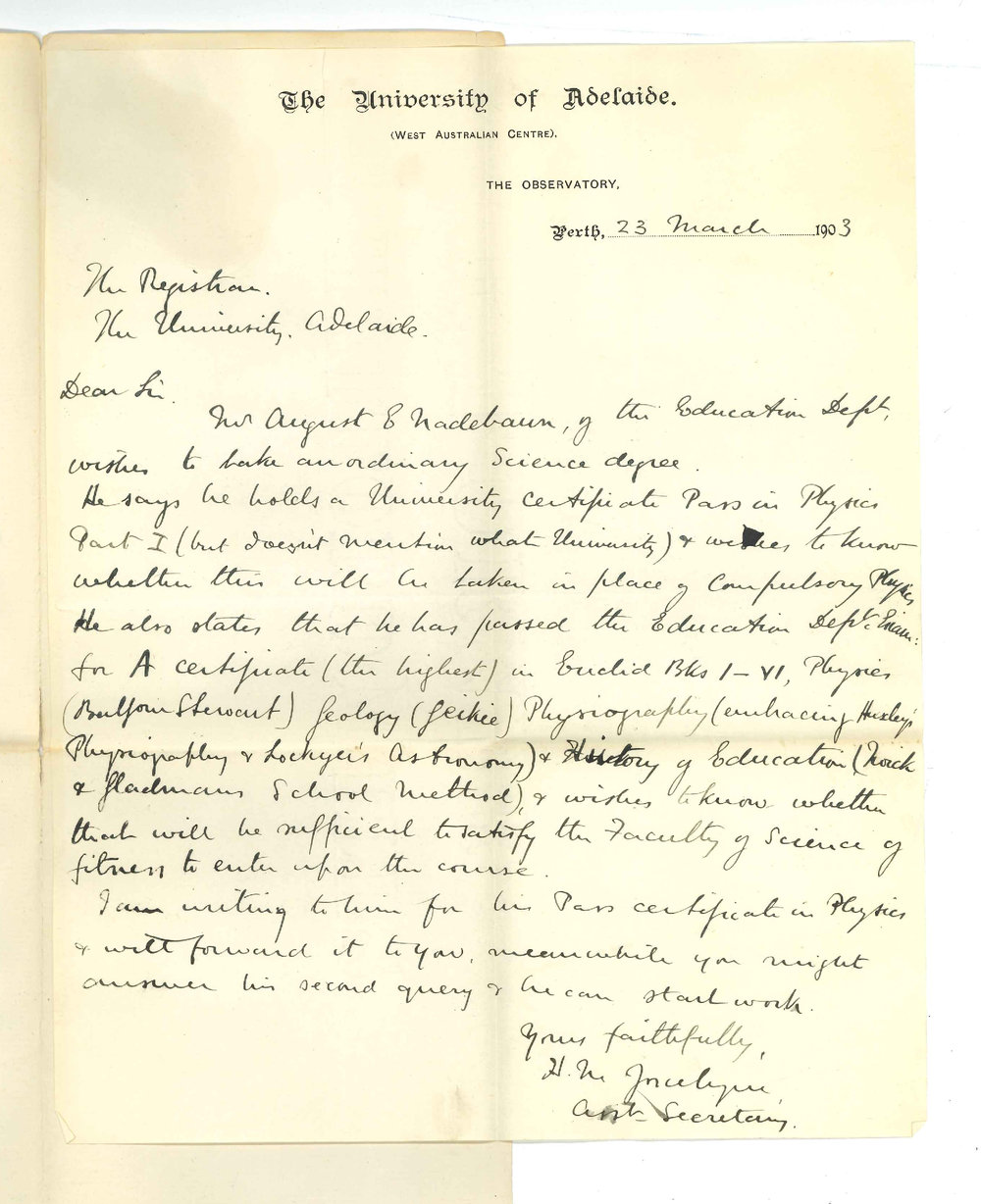 Henry Maurice Joscelyne - Assistant secretary - Perth - The Observatory - Admission of W A E Nadebaun as a student of BSc course