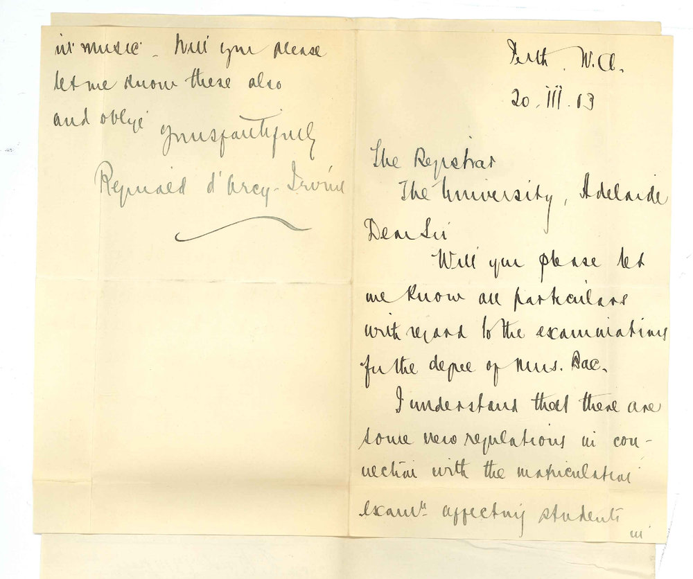 Reginald d'Arcy Irvine - Perth WA - Requesting information of Mus Bac Course