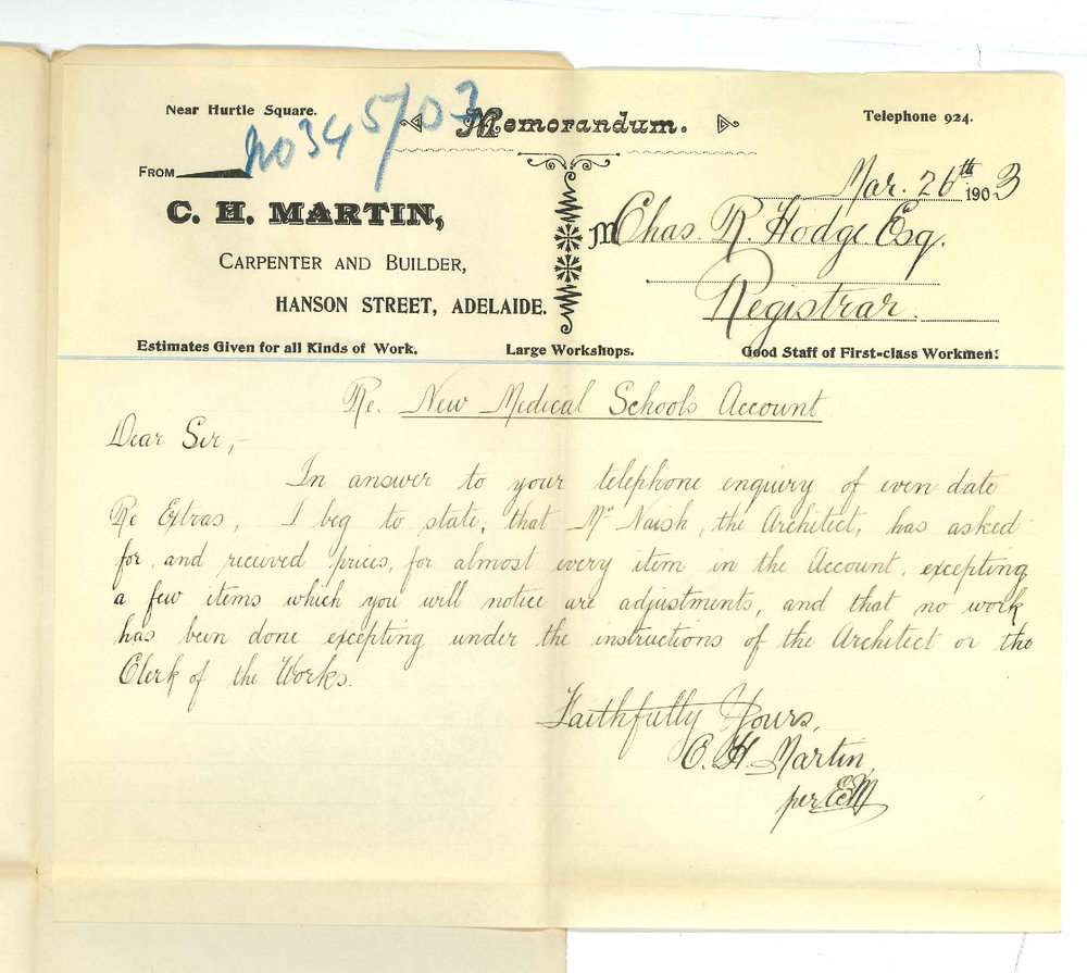 Mr C H Martin - Carpenter and Builder - Hanson Street Adelaide - Account for extras for Medical School