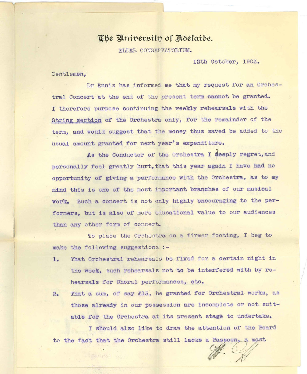 Herr Heinicke - Adelaide - In regard to Conservatorium Orchestra