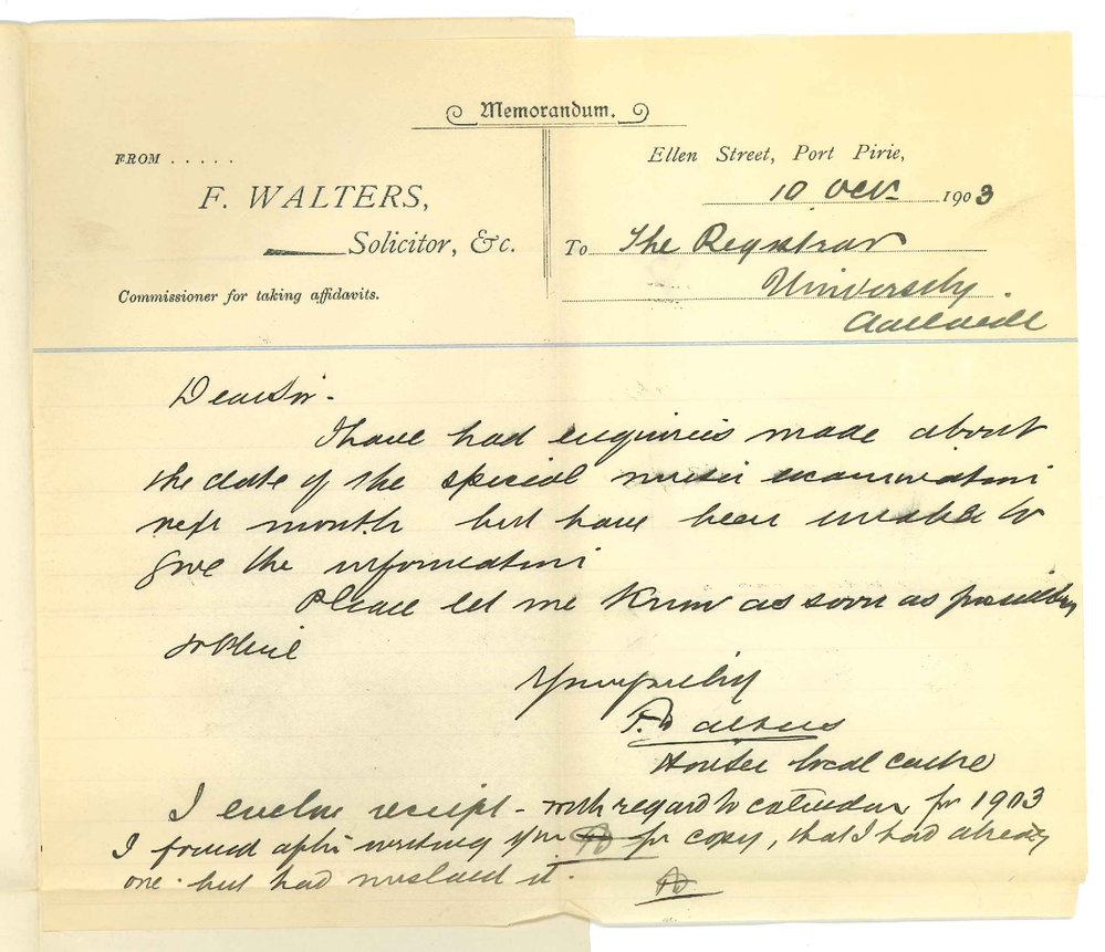 F Walters - Port Pirie - Asking date of Special Music Exam