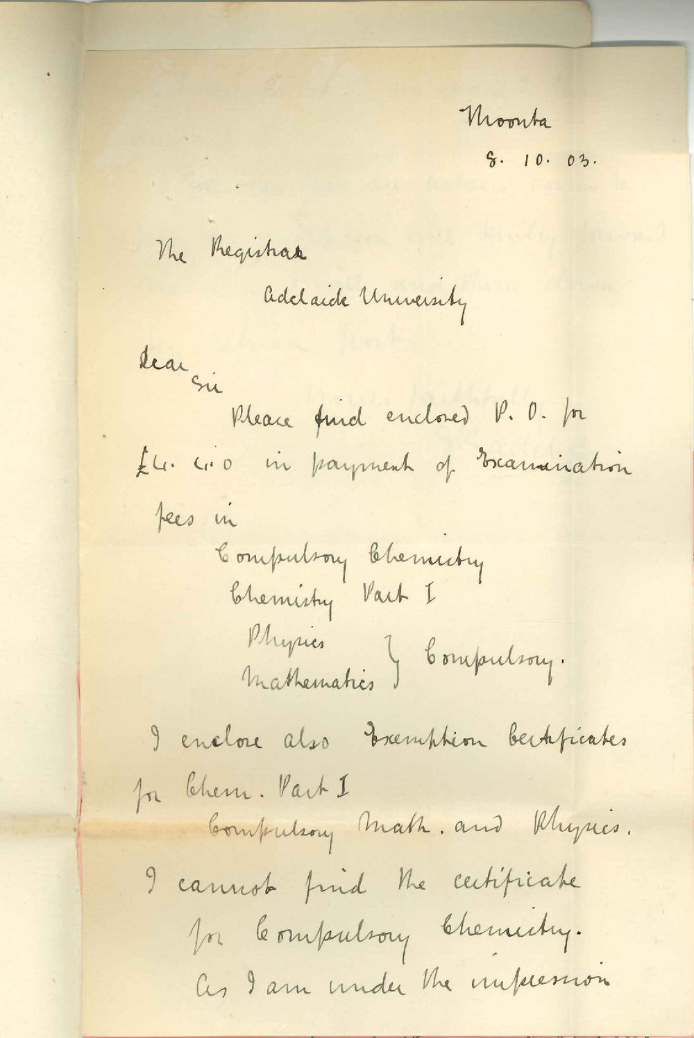 S Radcliffe - Moonta - Forwarding Fees for Examination