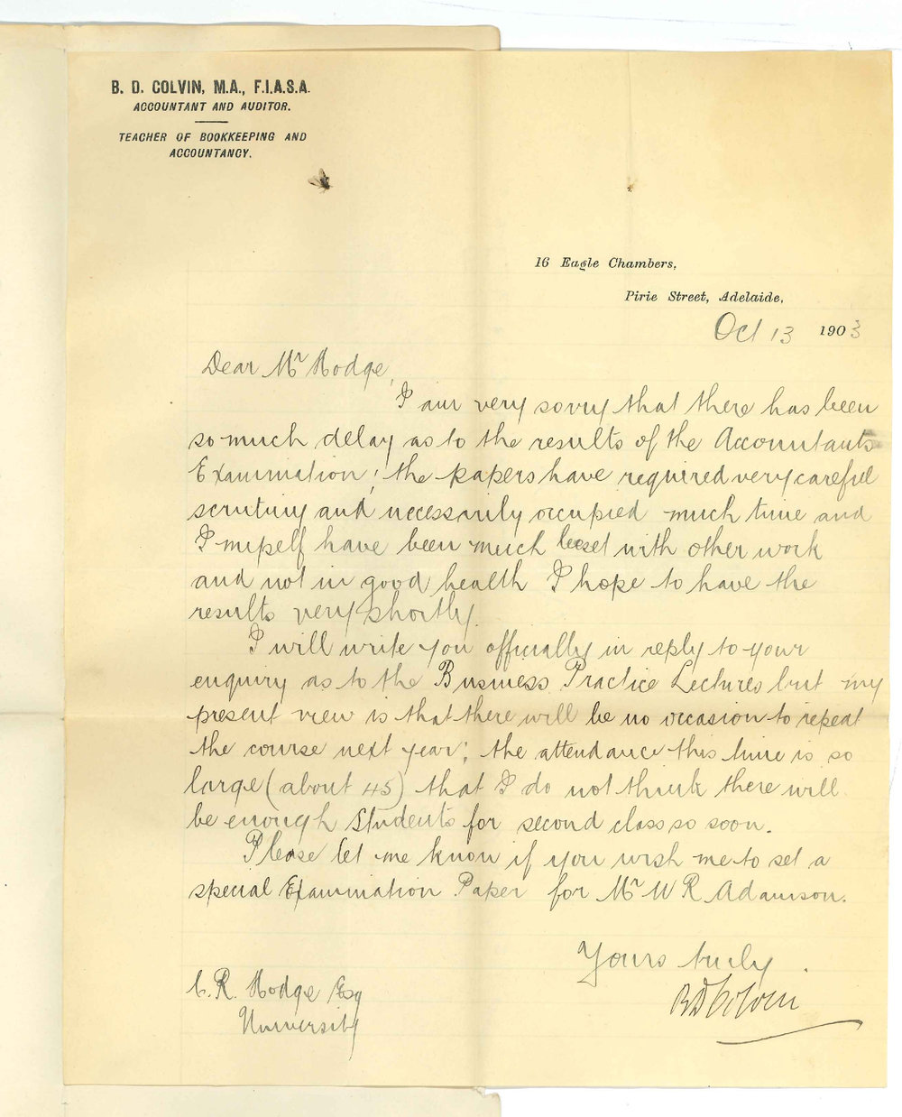 Bazett David Colvin - Adelaide - Re Results of Accountancy Exam and Special Exam Paper