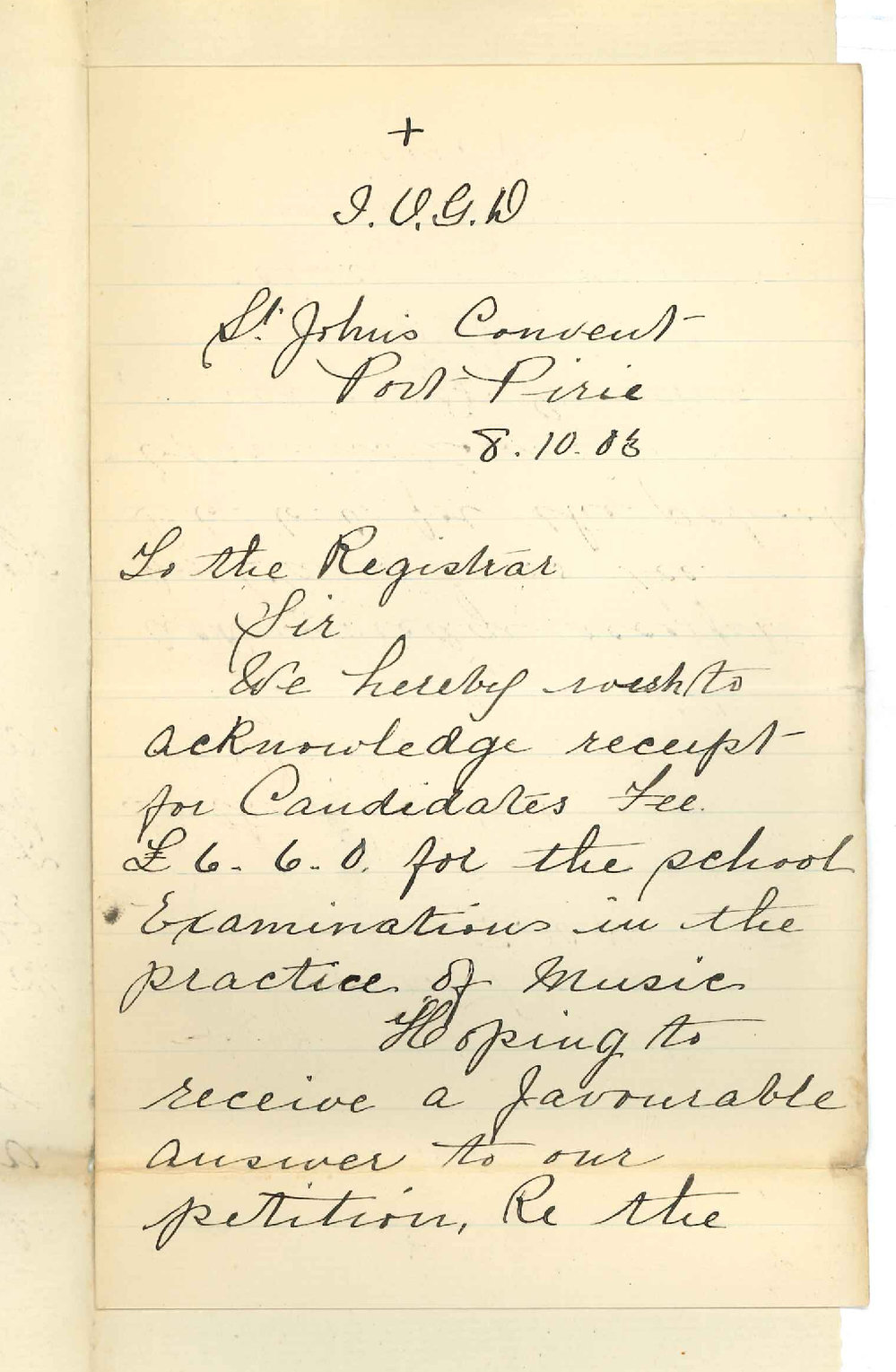 Lady Superior - St Johns Convent Port Pirie - Acknowledging Receipt &pound;6-6-0 and Re Examiner visiting Convent