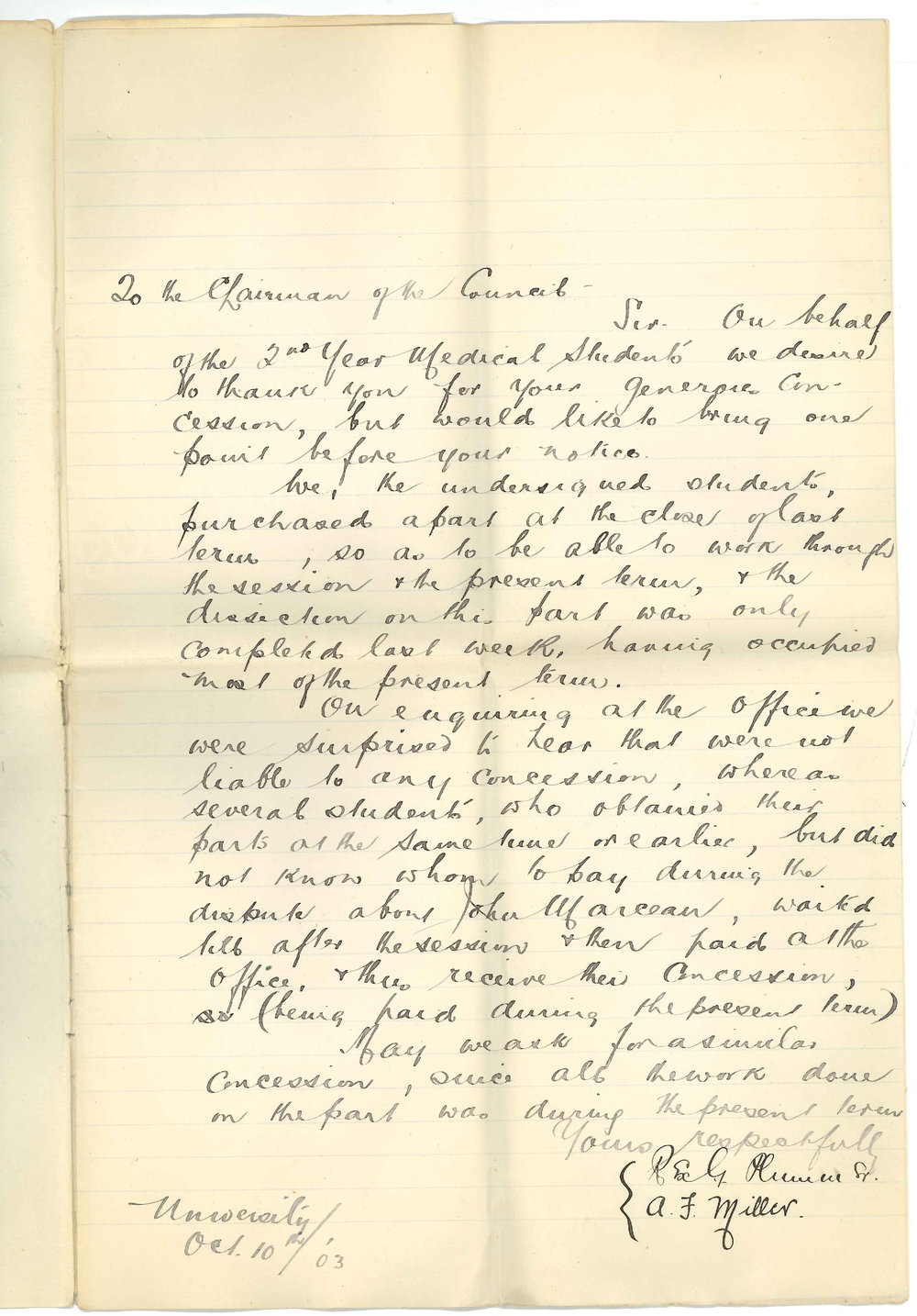 Medical Students - 2nd Year Rex Garnet Plummer - Re Concession for Anatomical parts