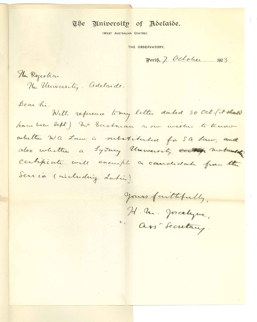 Henry Maurice Joscelyne - Perth WA - Regarding Case of Mr Eastman