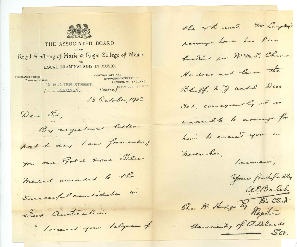 A E Balch - Secretary The Associated Board Sydney - Forwarding W A Medals Mr Langley unable to come