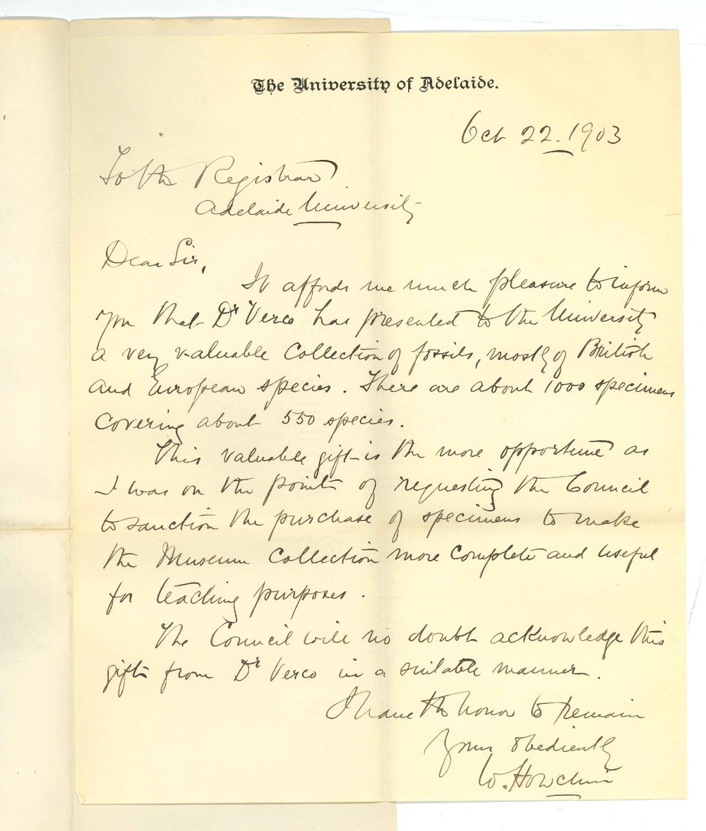 Walter Howchin - Adelaide - Presentation of fossils by Dr Verco