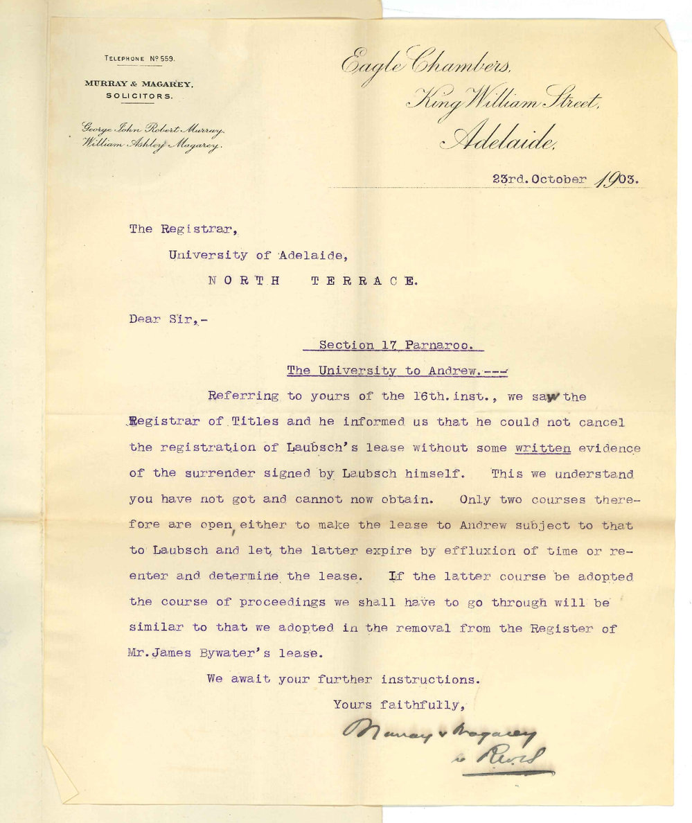 Murray and Magarey - Adelaide - Re Leasing Parnaroo Lands to Andrew from Laubsch