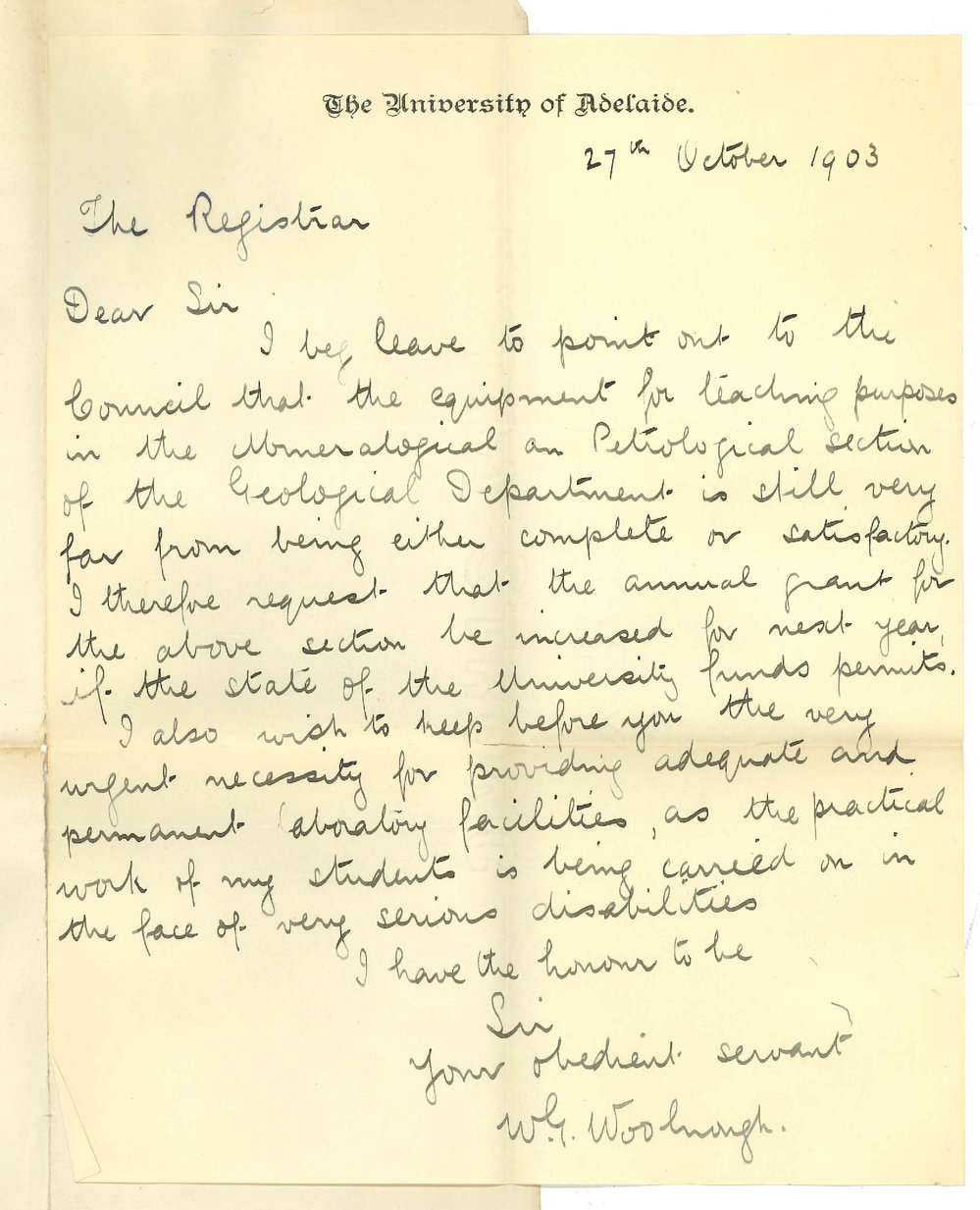 Walter George Woolnough - Adelaide - Asking for increase in Annual Grant