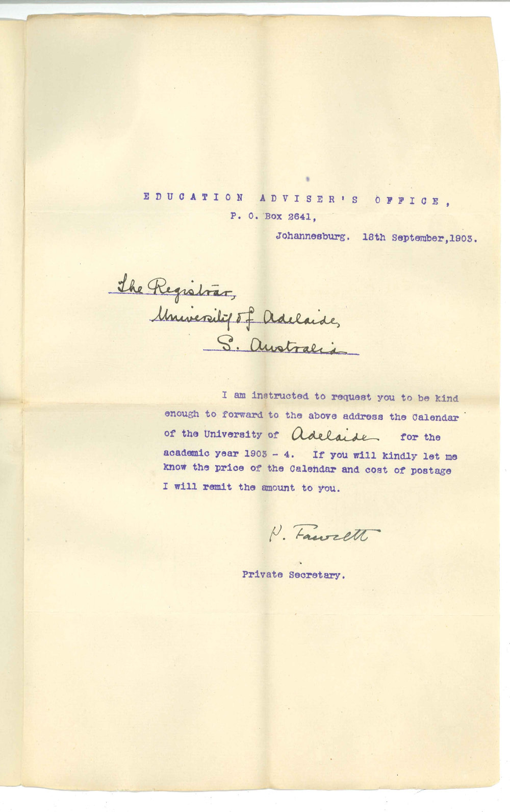 P Fawcett - Private Secretary Education Advisers Office Johannesburg - Asking for Calendar 1903 - 4
