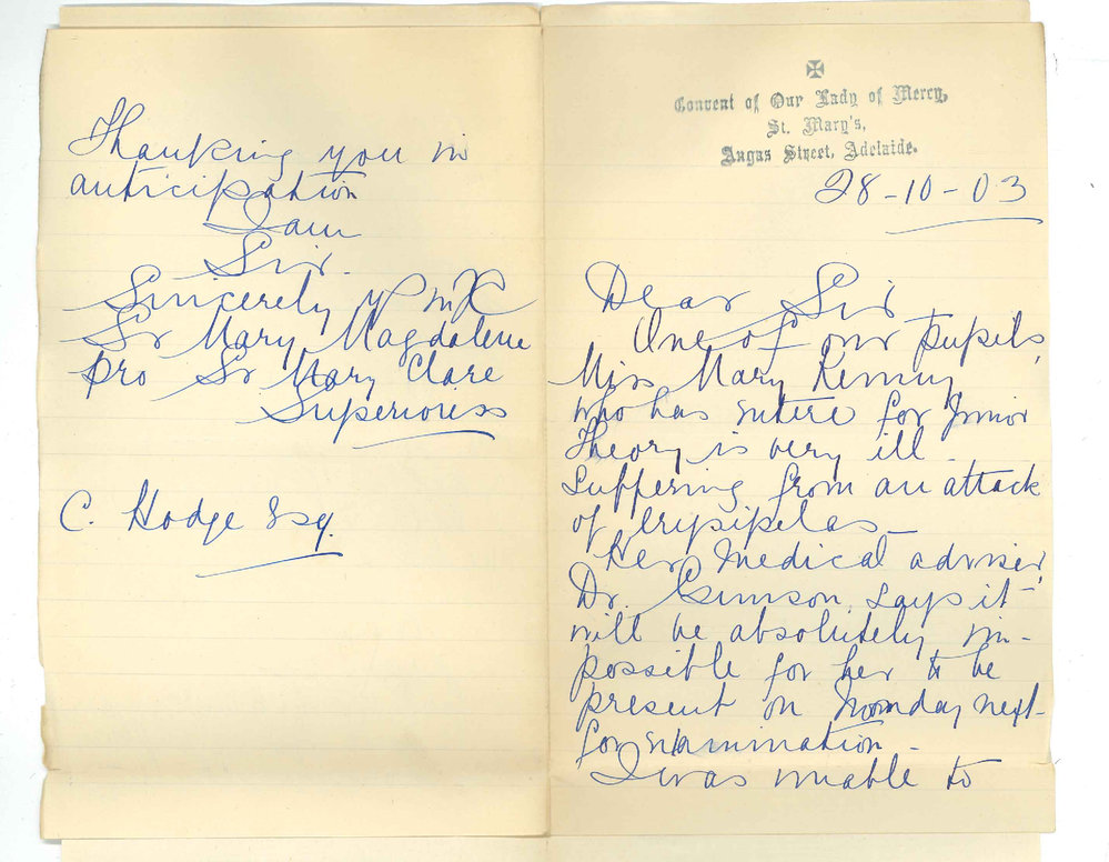 Convent of Mercy - Angas Street - Withdrawal of Mary Kenny from Junior Theory