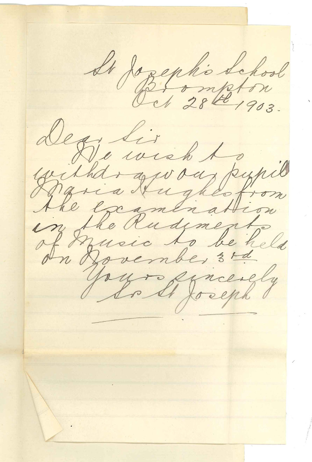 St Josephs School - Brompton - Withdrawal of Maria Hughes from Rudiments