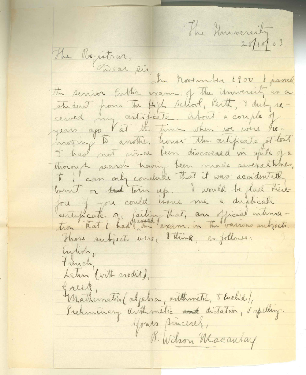 R Wilson Macaulay - Adelaide - Asking for Duplicate Certificate Senior