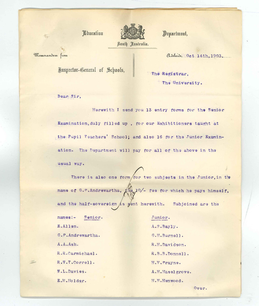 L W Stanton - Inspector General of Schools - Entries for Examination Education Department