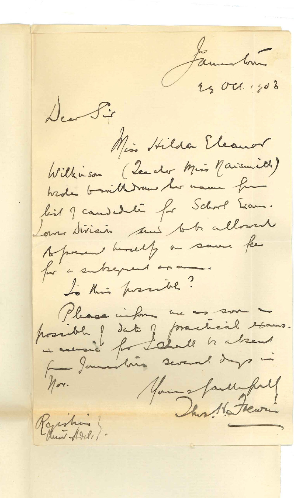 Rev Thomas H Frewin - Jamestown - Withdrawal of Miss Hilda Eleanor Wilkinson and asking date of Practical Music Exam