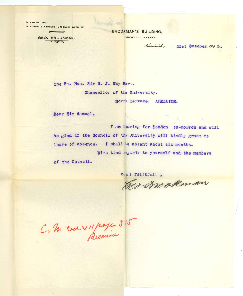 Hon George Brookman - Adelaide - Asking leave of absence from Council