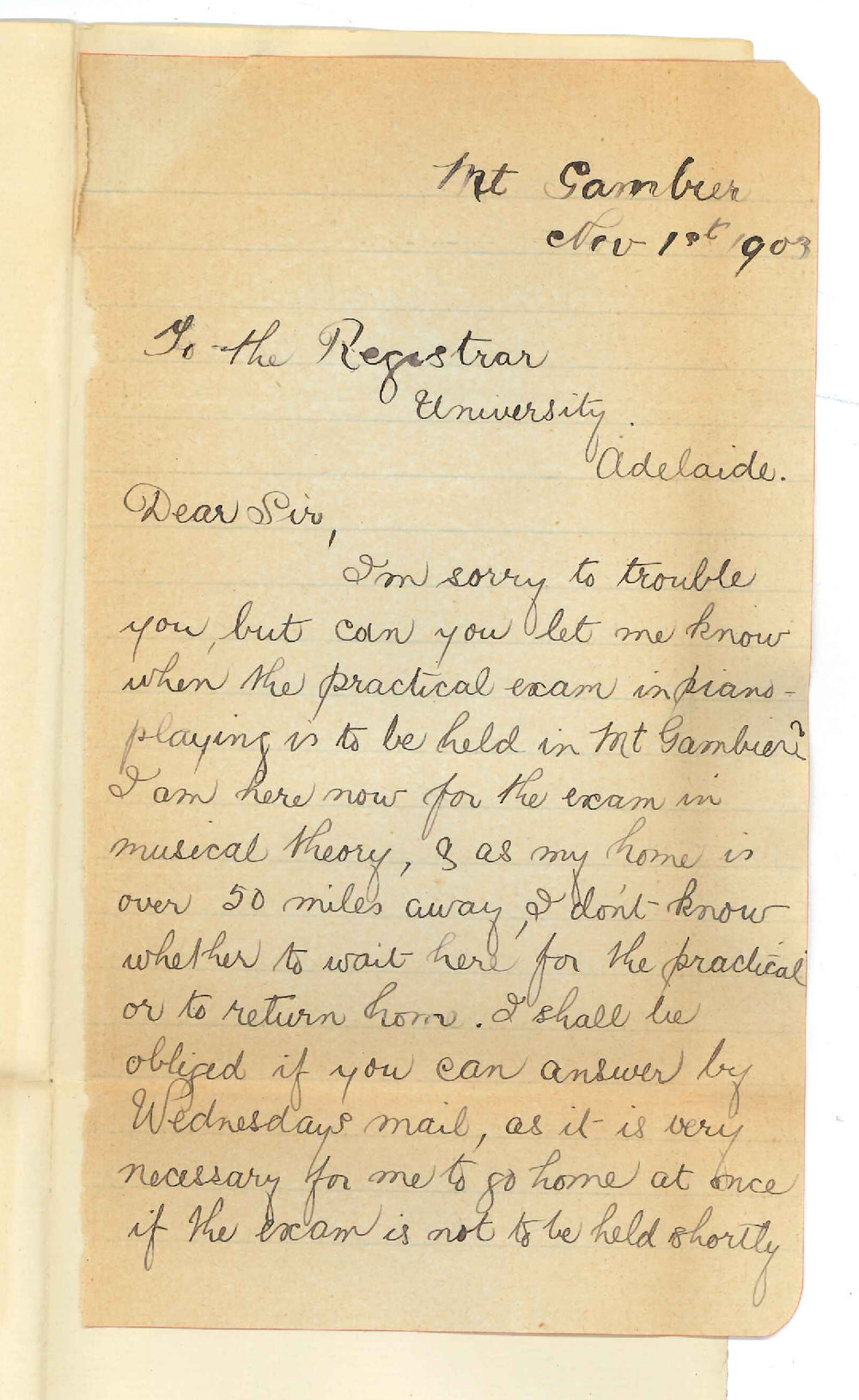 Miss Lillian M Shepherdson - Mount Gambier - Date of Practice of Music Exam