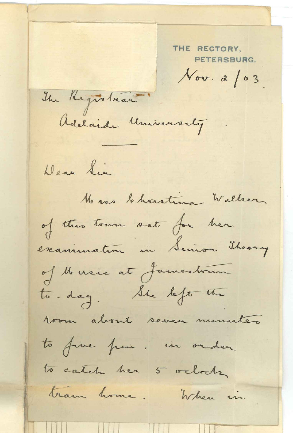 Rev Thomas H Frewin - Jamestown - Rev F K King - Petersburg - In regard to Miss Christina Mabel Walker and Examination in Senior Theory of Music