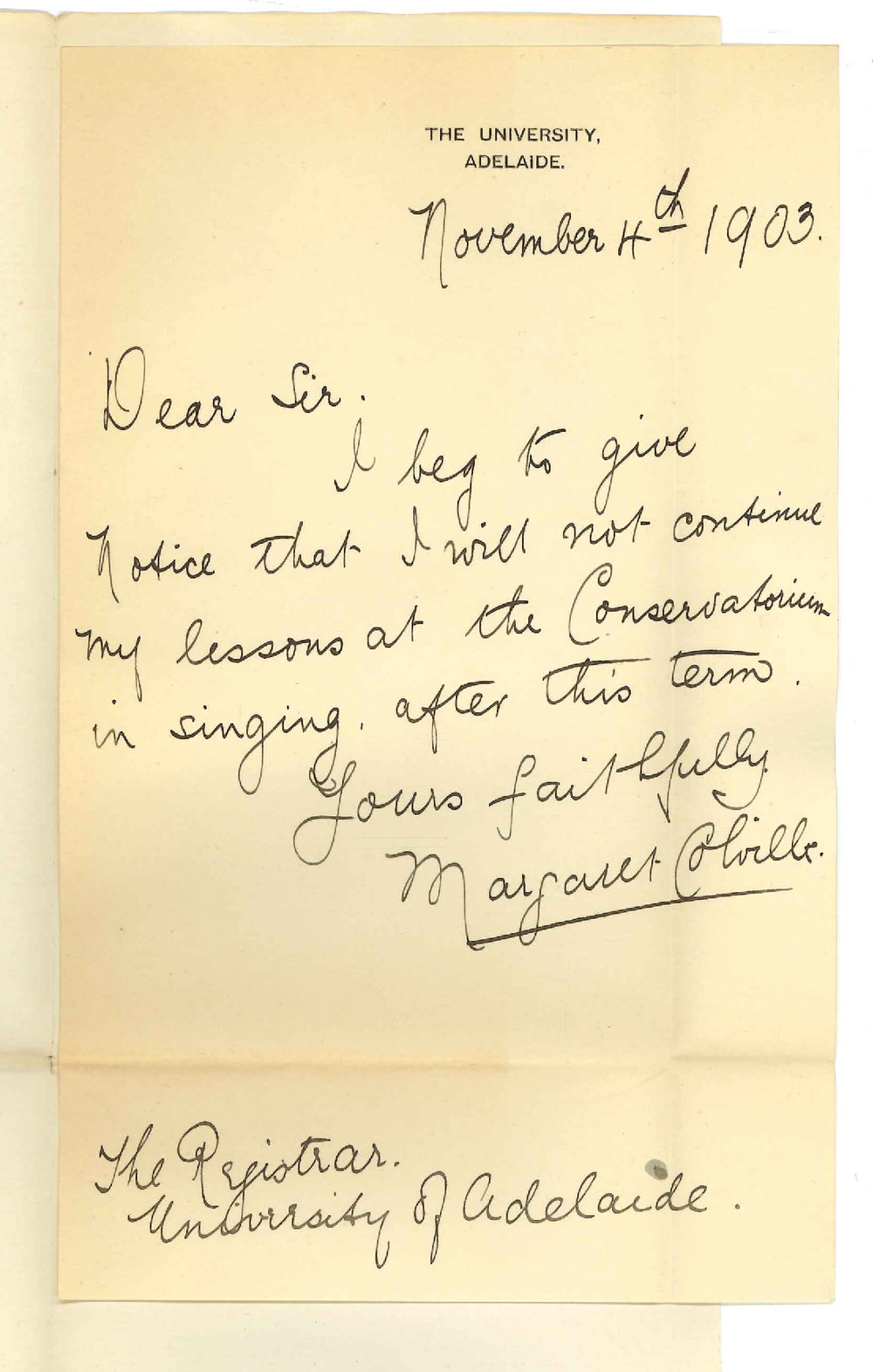 Margaret Colville - Adelaide - Discontinuing Lessons Conservatorium