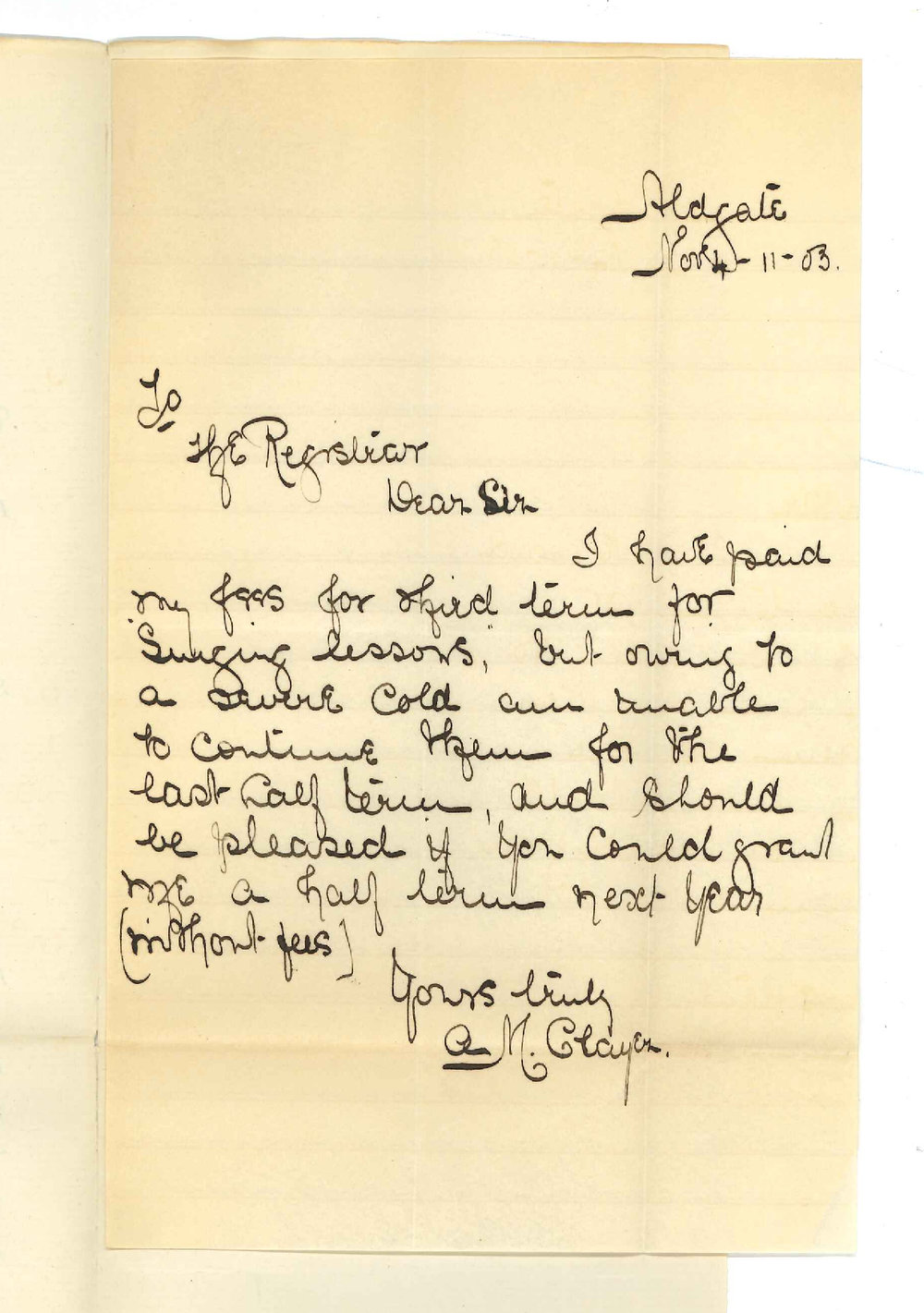 Miss Adeline Mary Clayer - Aldgate - Transferring of half Term Fees