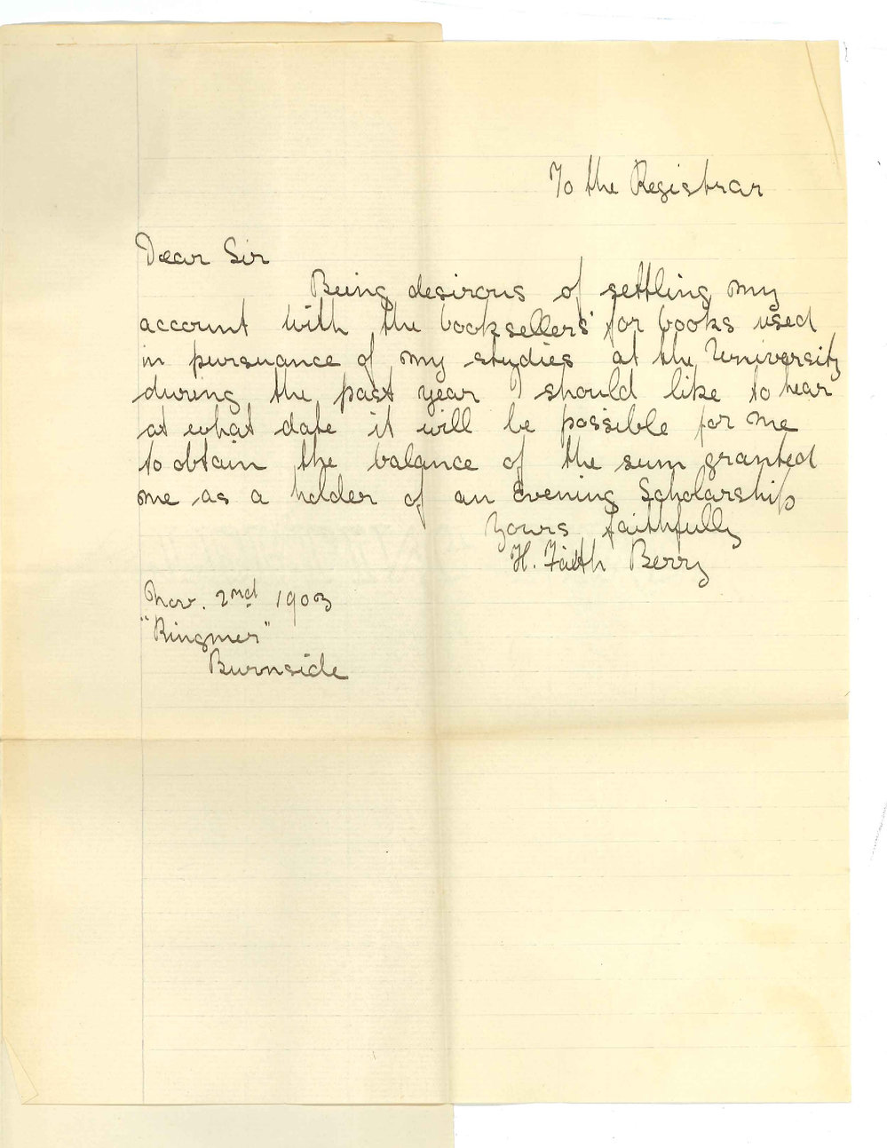 H Faith Berry - Burnside - Asking for Balance of sum due as Evening Scholarship