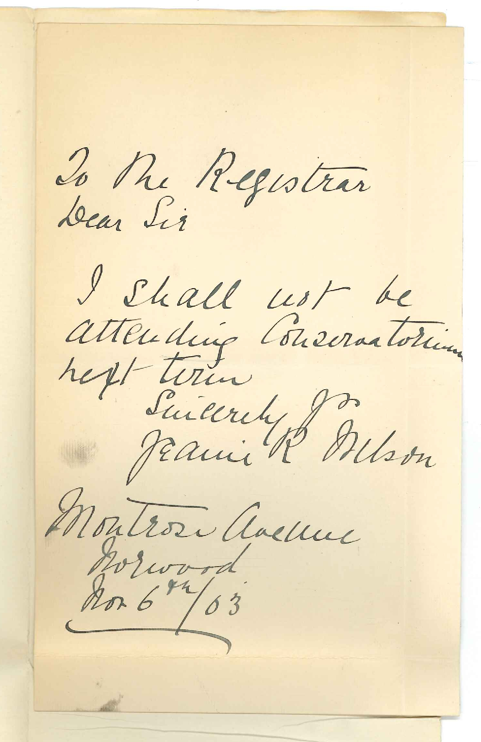 Miss Jennie Reid Wilson - Norwood - Discontinuing Lessons Conservatorium