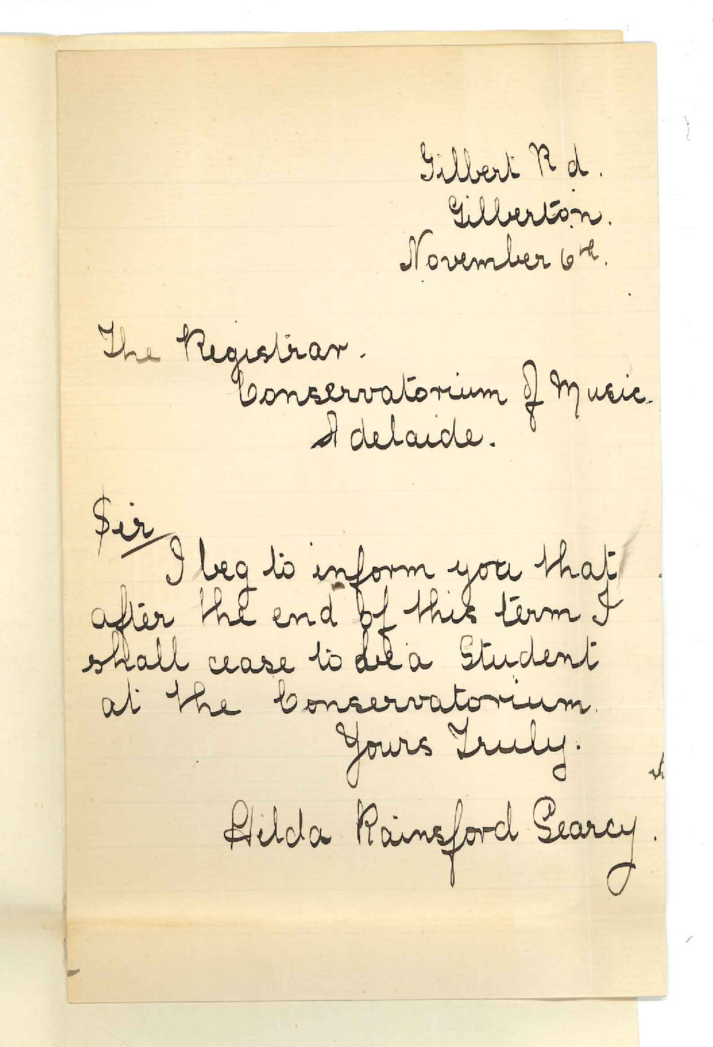 Hilda R Searcy - Gilberton - Discontinuing Lessons Conservatorium