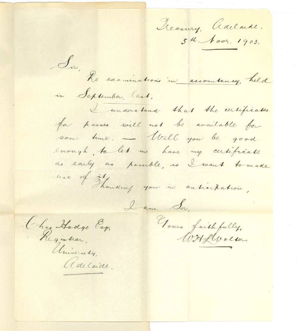 W H L Wolter - Adelaide - Asking for Accountancy Certificate