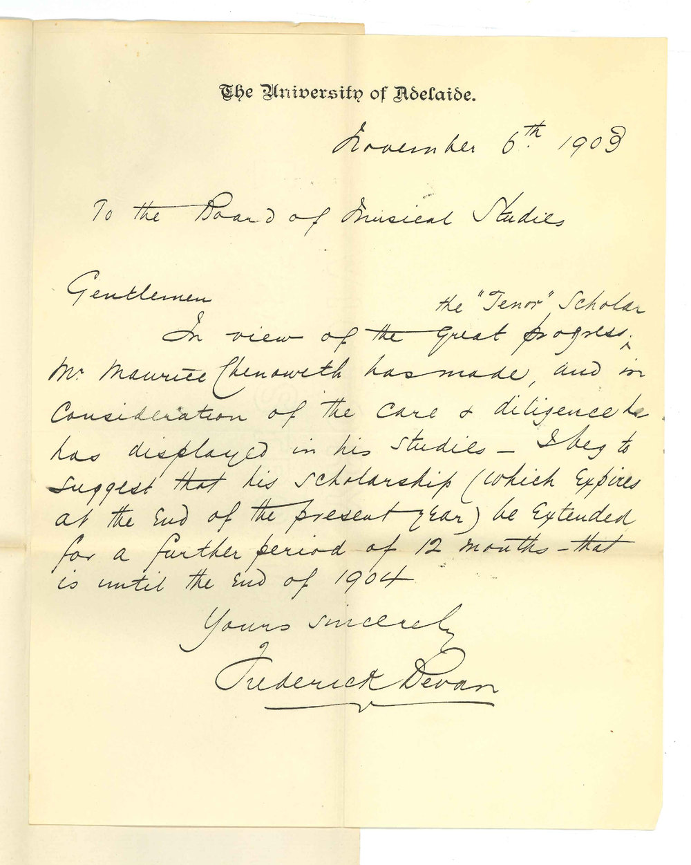 Frederick Bevan - Conservatorium - Re Extending Scholarship for one Year Mr M Chenoweth