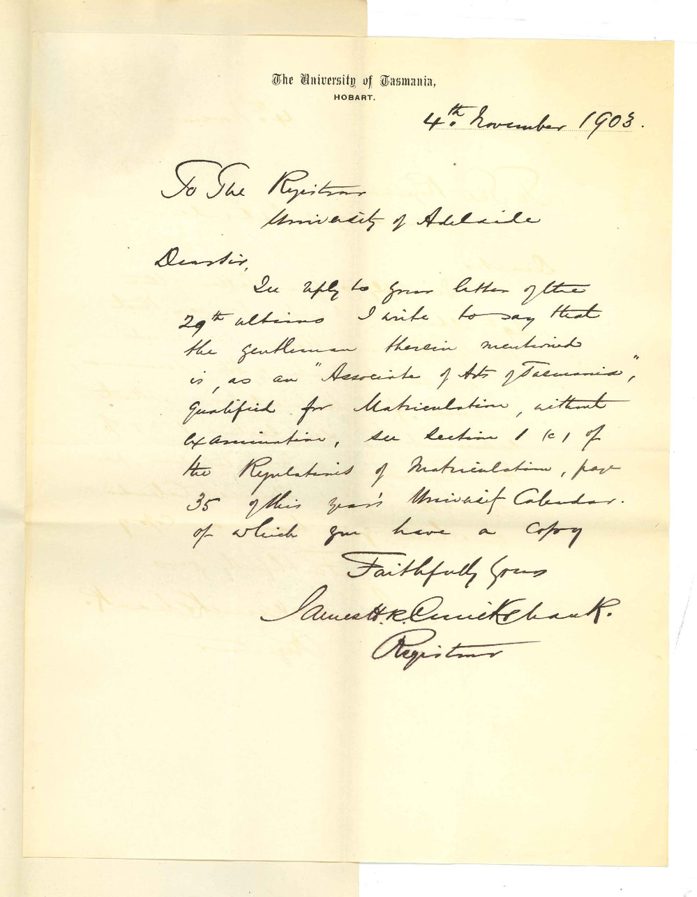 James Henry Robert Cruickshank - Registrar - University of Tasmania - Re Matriculation