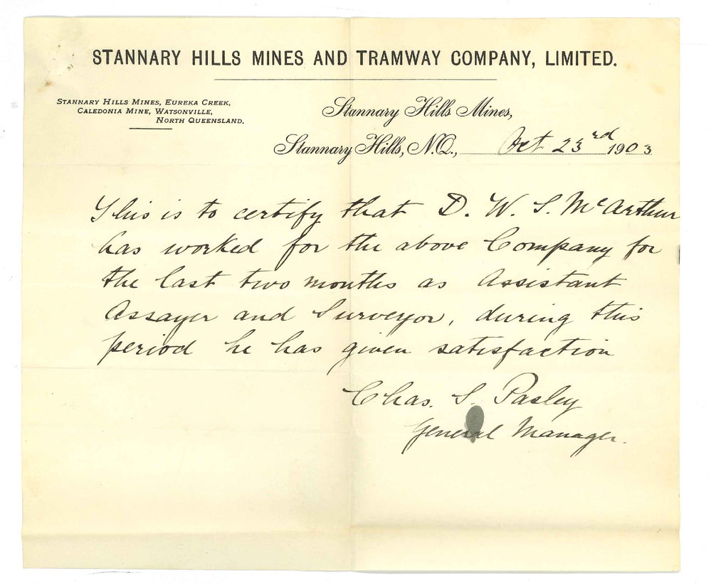 David William Stanley McArthur - North Queensland - Requesting to be granted Diploma Mining Engineering and Metallurgy