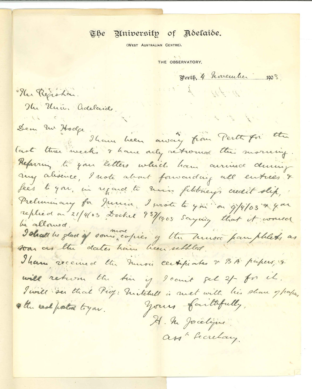 Henry Maurice Joscelyne - Perth - Forwarding Theory of Music Exam Papers re Music Exams
