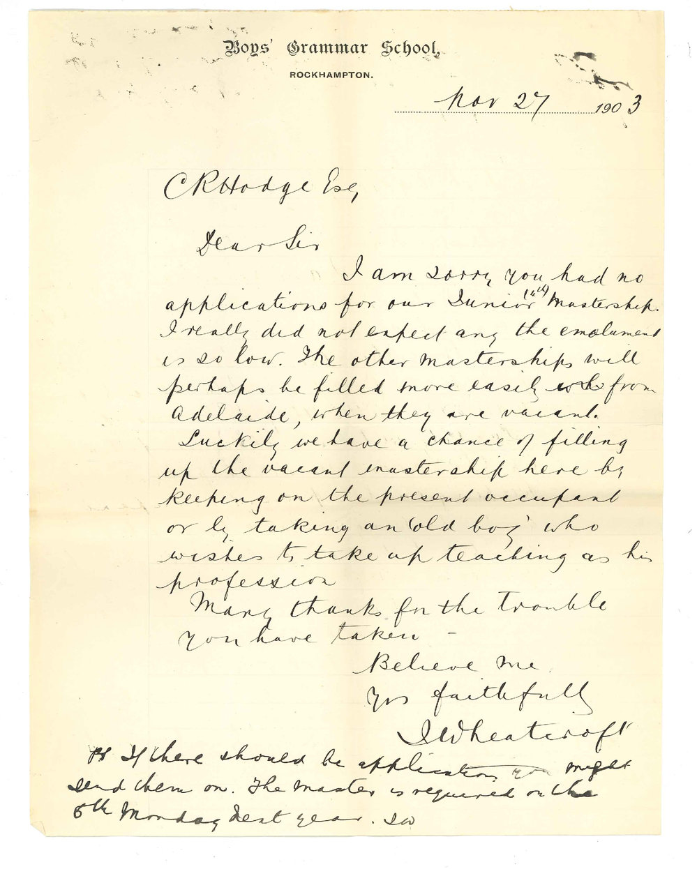 J Wheatcroft - Rockhampton Queensland - Vacancy for fourth Master Boys Grammar School