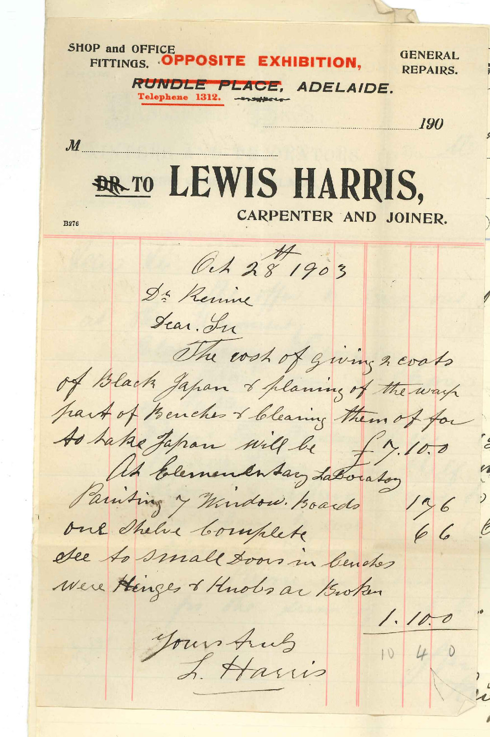 Langsford Brothers and Lewis Harris - Adelaide - Tender for repairs Elementary Laboratory