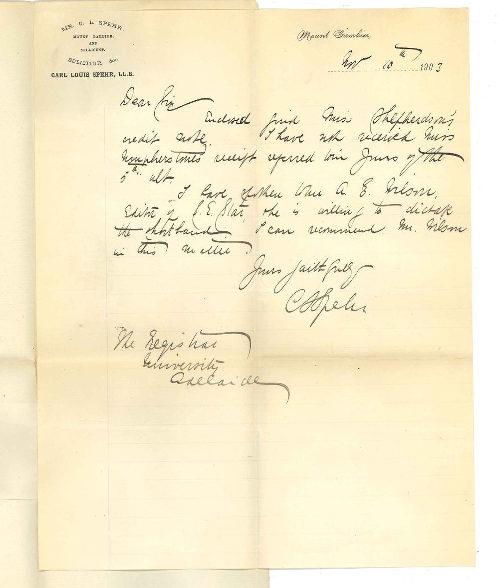 Carl Louis Spehr - Mount Gambier - Shepherdson Credit Note - Mr A E Wilson will dictate Shorthand