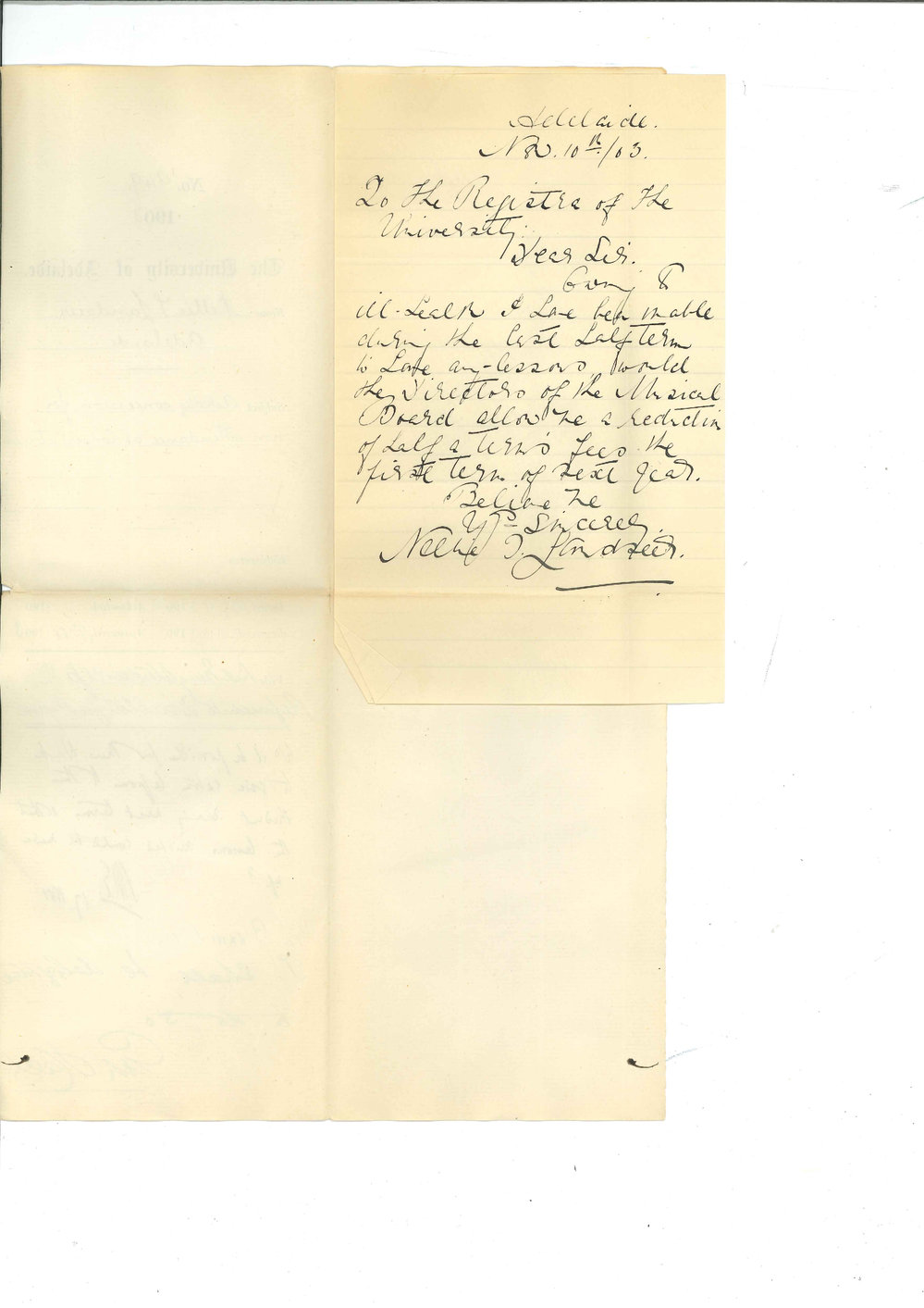 Nellie T Landseer - Adelaide - Asking concession for non attendance at Conservatorium