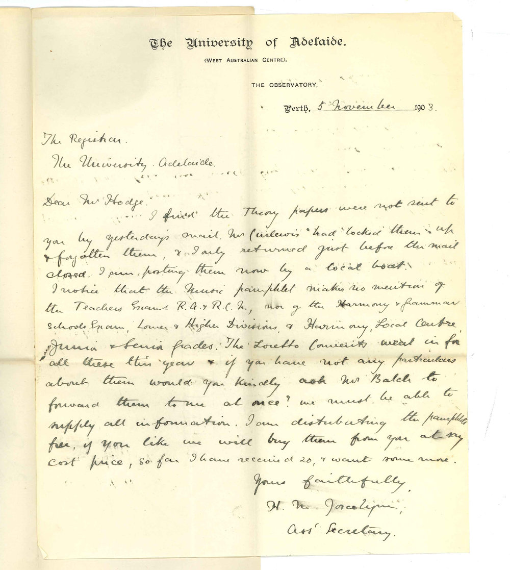 Henry Maurice Joscelyne - Perth WA - Forwarding Theory Papers Particulars re Exams