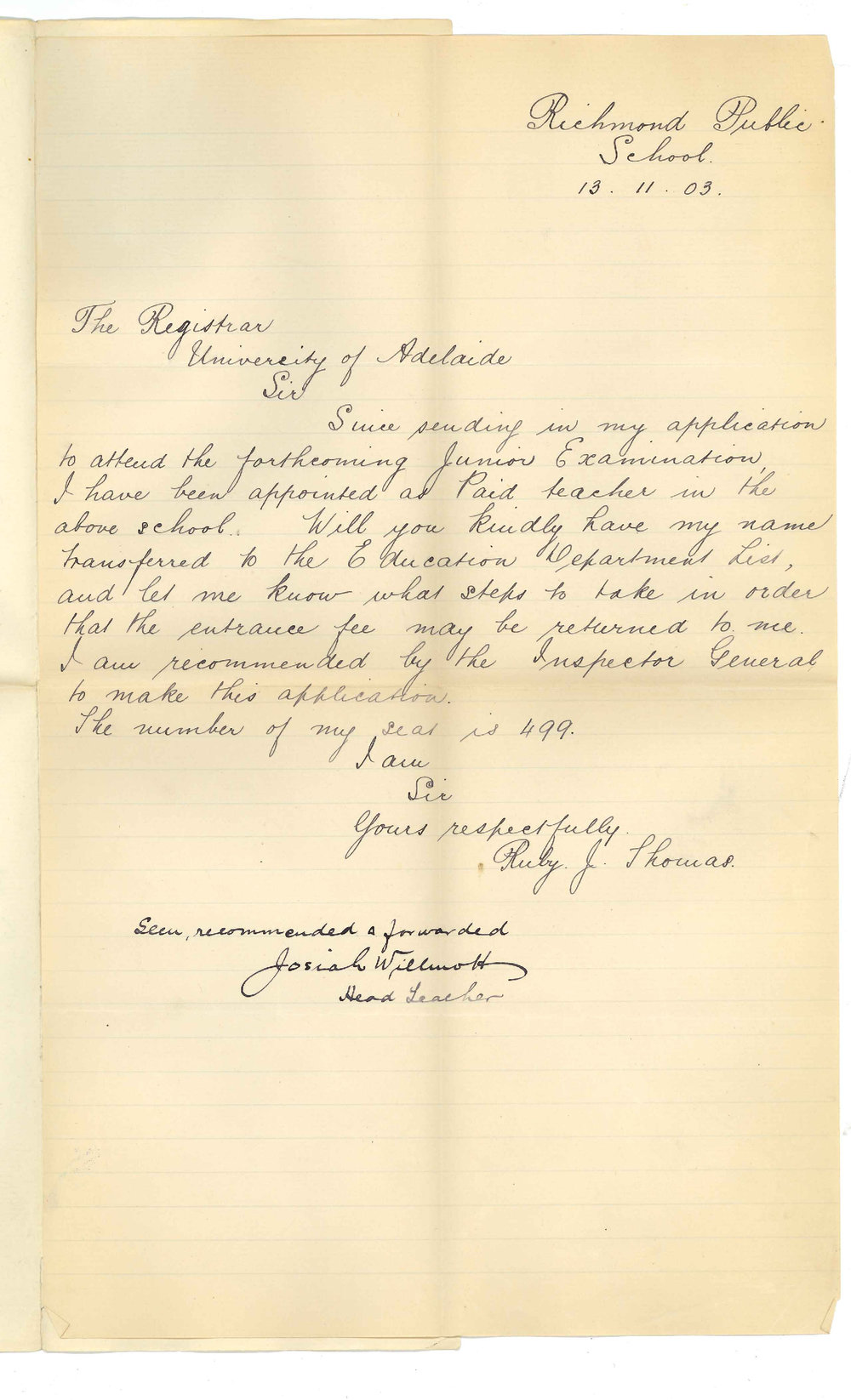 Miss Ruby J Thomas - Richmond - Asking for refund of Exam Fee Junior Public