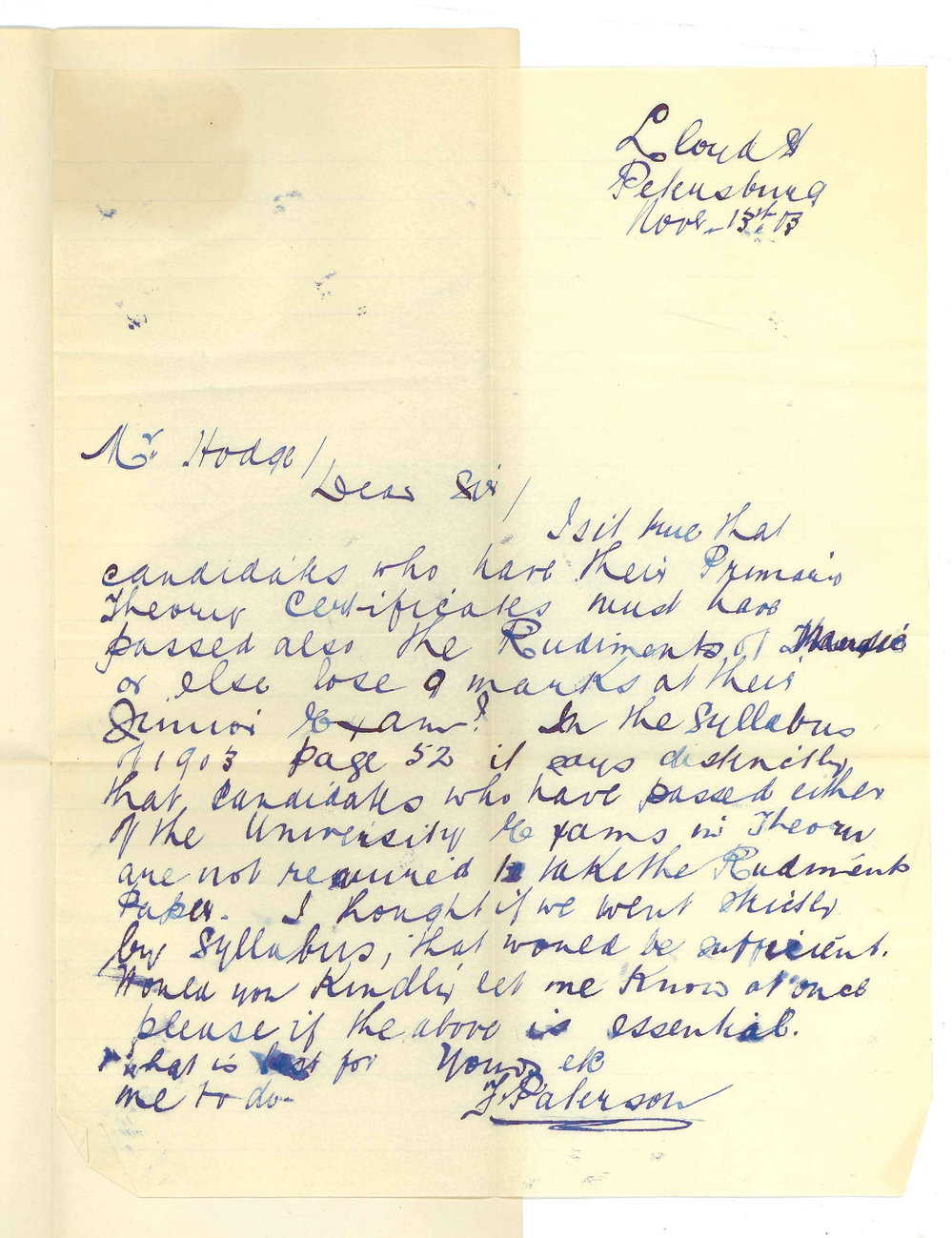 F Paterson - Petersburg - Particulars re Music Exams