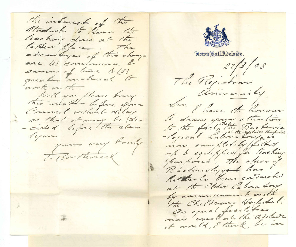 Thomas Borthwick - Town Hall Adelaide - Teaching of Bacteriology at Adelaide Hospital instead of at Children Hospital