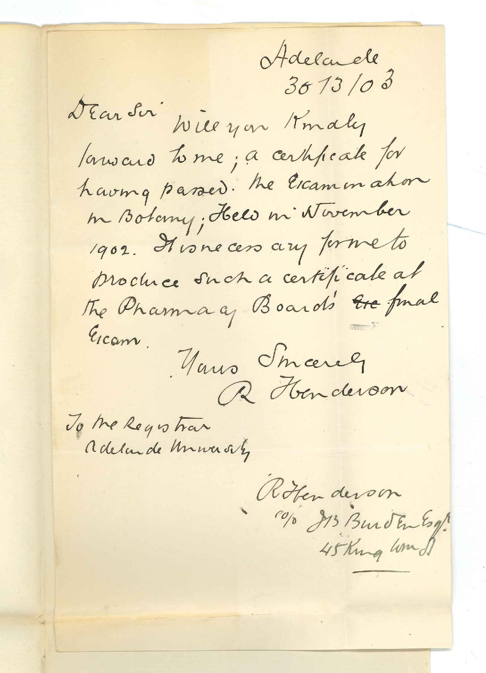 R Henderson - Adelaide - Requesting certificate for pass in Botany