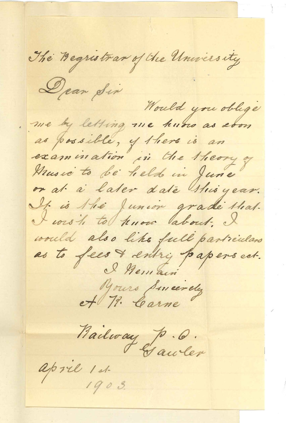 A R Barne - Gawler - Requesting information of Junior Theory Exam