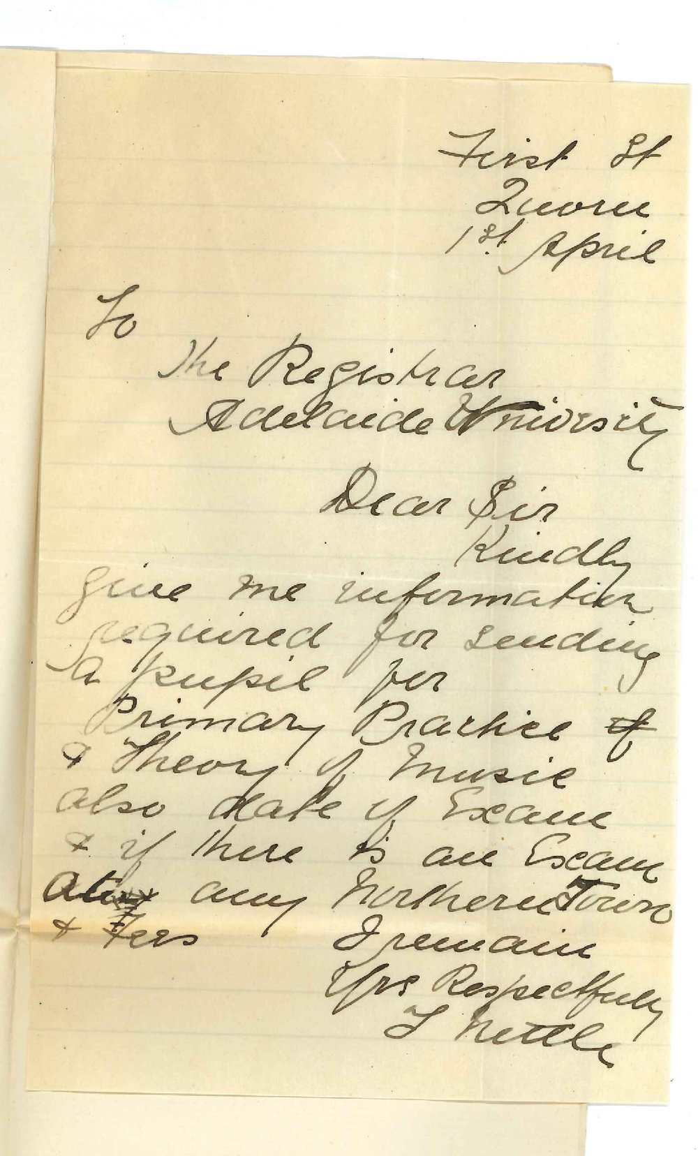 J Nettle - First St Quorn - Requesting information of Preliminary Music Exam